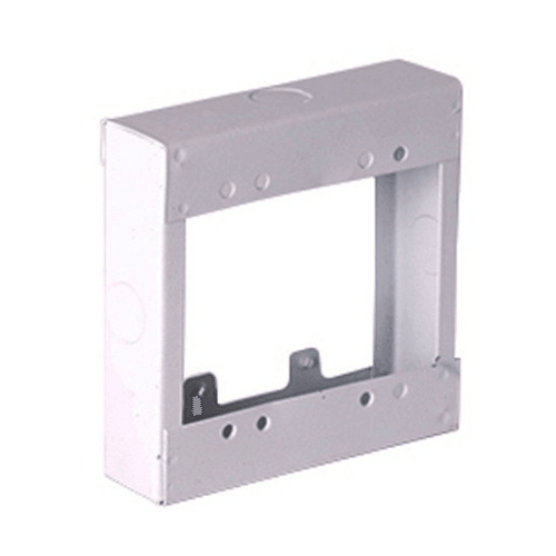 White metal electrical box cover wall mount with square opening, hardware visible
