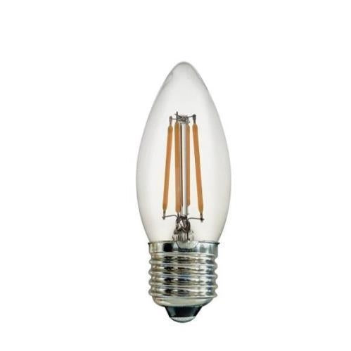 LED filament light bulb with candle shape and E26 base on white background