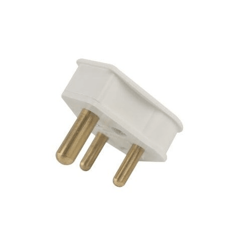 White three-pin electrical plug with gold prongs on a plain background