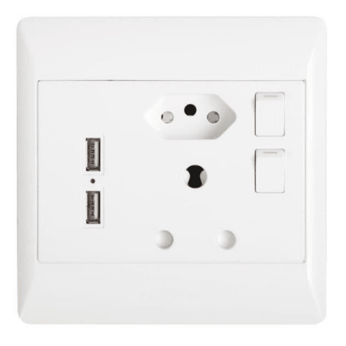 White wall power socket with dual USB ports and two switch buttons