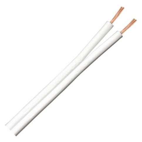 Two-strand white speaker wire with exposed copper ends on white background