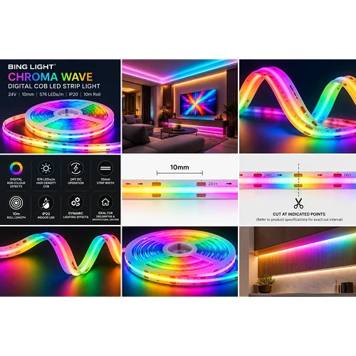 24V 10mm 576 LED Chroma Wave Digital COB Strip Light IP20 10m Roll Bing Light