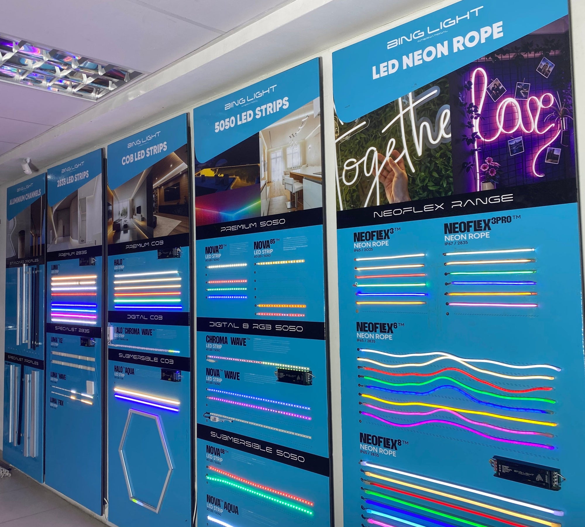 Display of LED neon rope and related products in a store setting