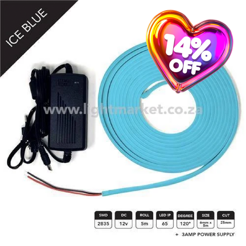 12v 6mm Neon LED Strip Light Ice Blue 5m With AC Adaptor