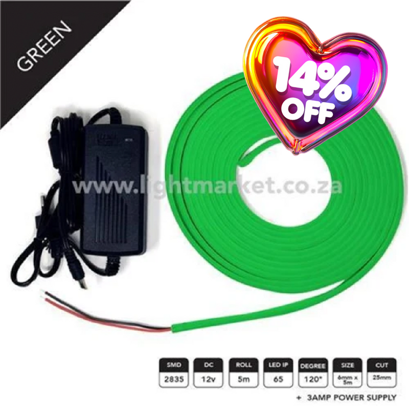 12v 6mm Neon LED Strip Light Green 5m With AC Adaptor
