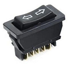 Black rocker switch with white directional arrows and gold pins, window switch replacement part