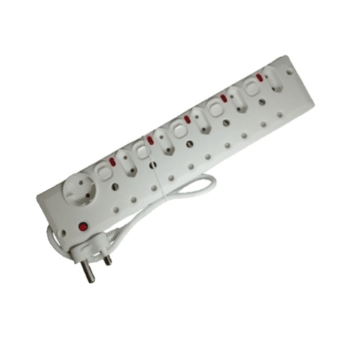 White power strip with multiple outlets and switches, surge protector extension cord