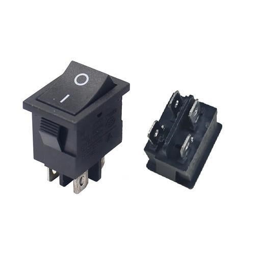 Black rocker switch with on off symbols and connector terminals, electrical component