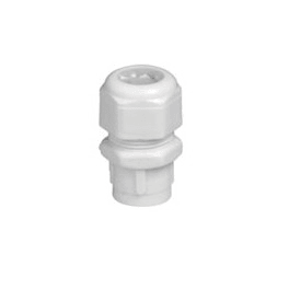 White plastic cable gland fitting on plain background