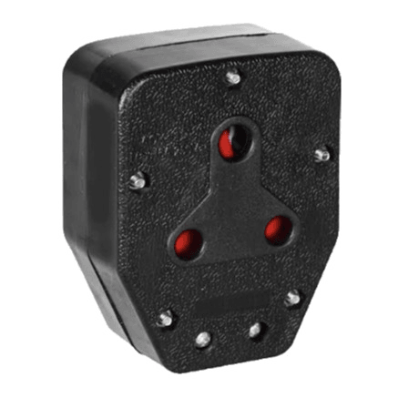 Black three-pin electrical plug adapter with visible screws on a white background