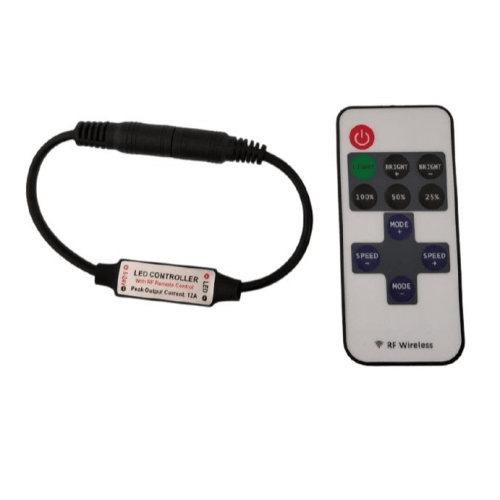 LED controller with RF wireless remote for strip lights, buttons labeled for brightness and speed