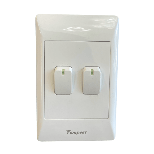 White Tempest double light switch with rectangular buttons mounted on a wall