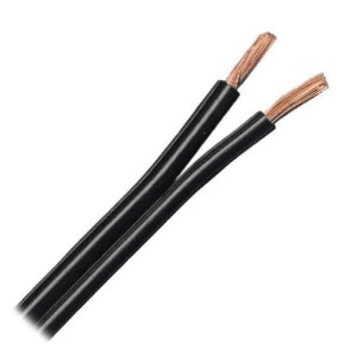 Close-up of two black insulated copper electrical wires with exposed ends