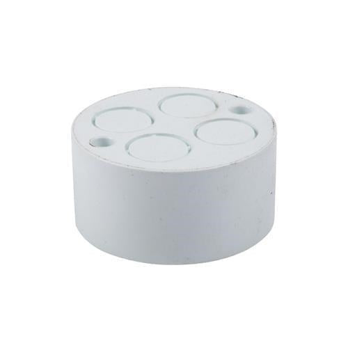 White round PVC junction box with four circular knockouts on a plain background