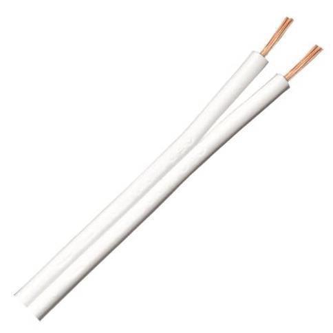 White speaker wire with two exposed copper conductors on a plain background