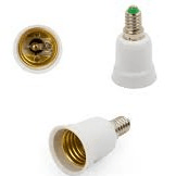 E14 to E27 light bulb socket adapters, white with gold interior, on white background