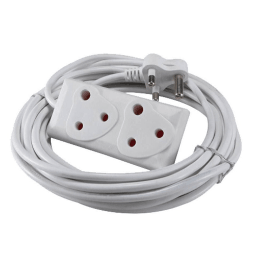 White extension cord with two power sockets and a two-pin plug, coiled, electrical accessory
