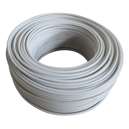 Coiled white electrical wire cable on a plain background