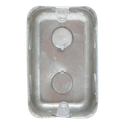 Rectangular galvanized metal electrical box cover with two circular knockouts