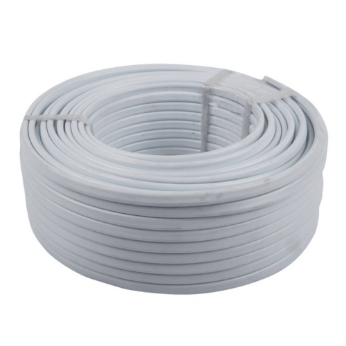Coiled white electrical cable wire bundle on a plain background