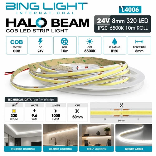 24v 8mm 320 LED Halo Beam COB Strip light IP20 6500k 10m Roll Bing Light