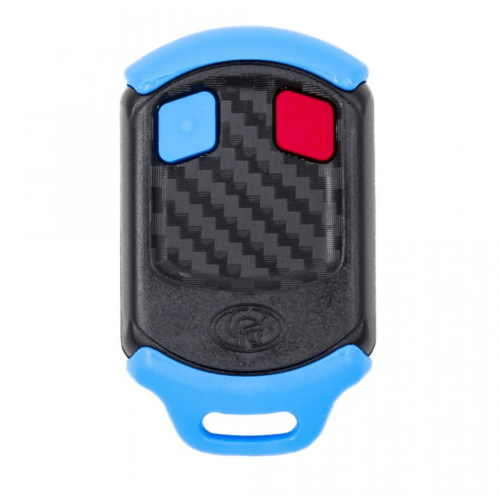 Black carbon fiber car key fob with blue and red buttons and blue accents
