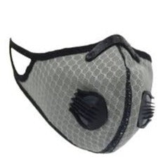 Gray hexagonal pattern face mask with black air valves and ear loops