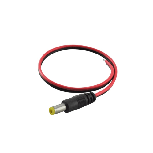 DC power male connector with black and red cable on white background