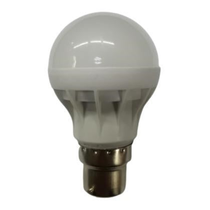 LED bulb with white plastic body and metallic base on white background