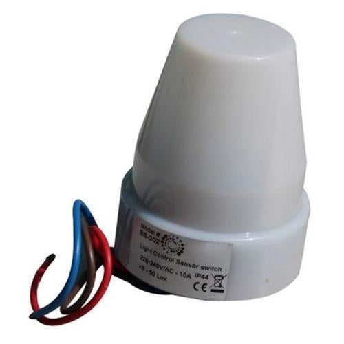 Light control sensor switch with label, exposed red, blue, and black wires