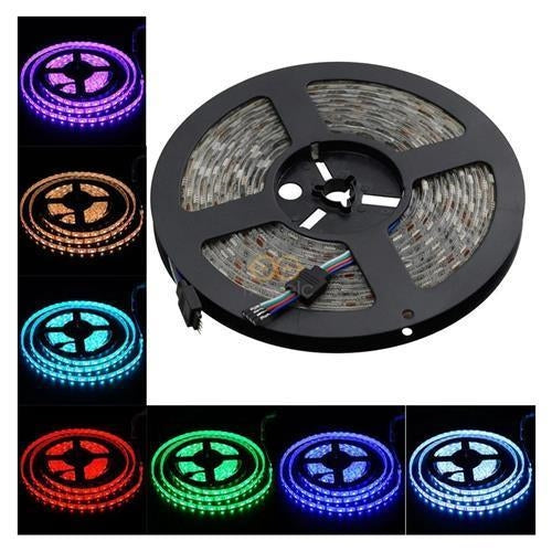 Roll of RGB LED strip lights with multicolor lighting effects displayed, indoor lighting decor