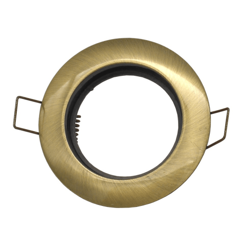 Antique brass recessed downlight holder with round trim and metal spring clips