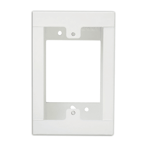 White plastic wall plate bracket for single gang electrical boxes, front view