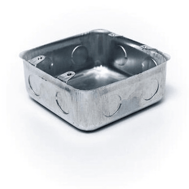 Metal square electrical box with knockouts on white background